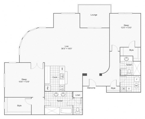A floor plan of a house with a lounge, two bedrooms, a bathroom, a kitchen, a living room, and a dining room.